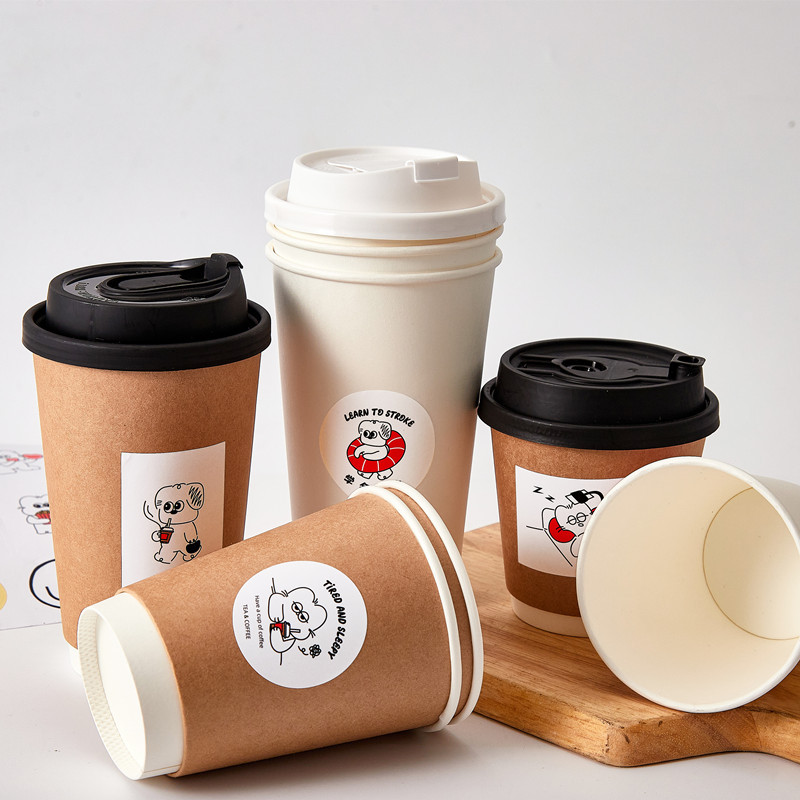 Disposable ins double-layer white kraft paper cup with lid, thickened hot drink takeout soy milk water cup for milk tea and coffee details Picture