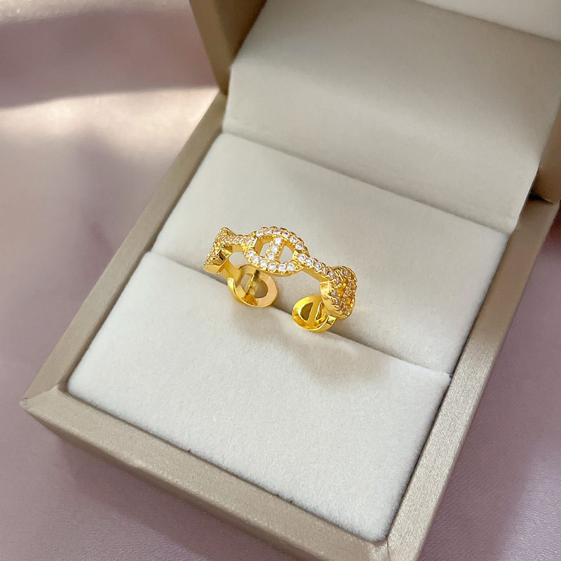 【 Real Gold 】 Diamond-encrusted pig nose opening ring for women, Japanese and Korean niche simple design index finger ring, Internet celebrity details Picture