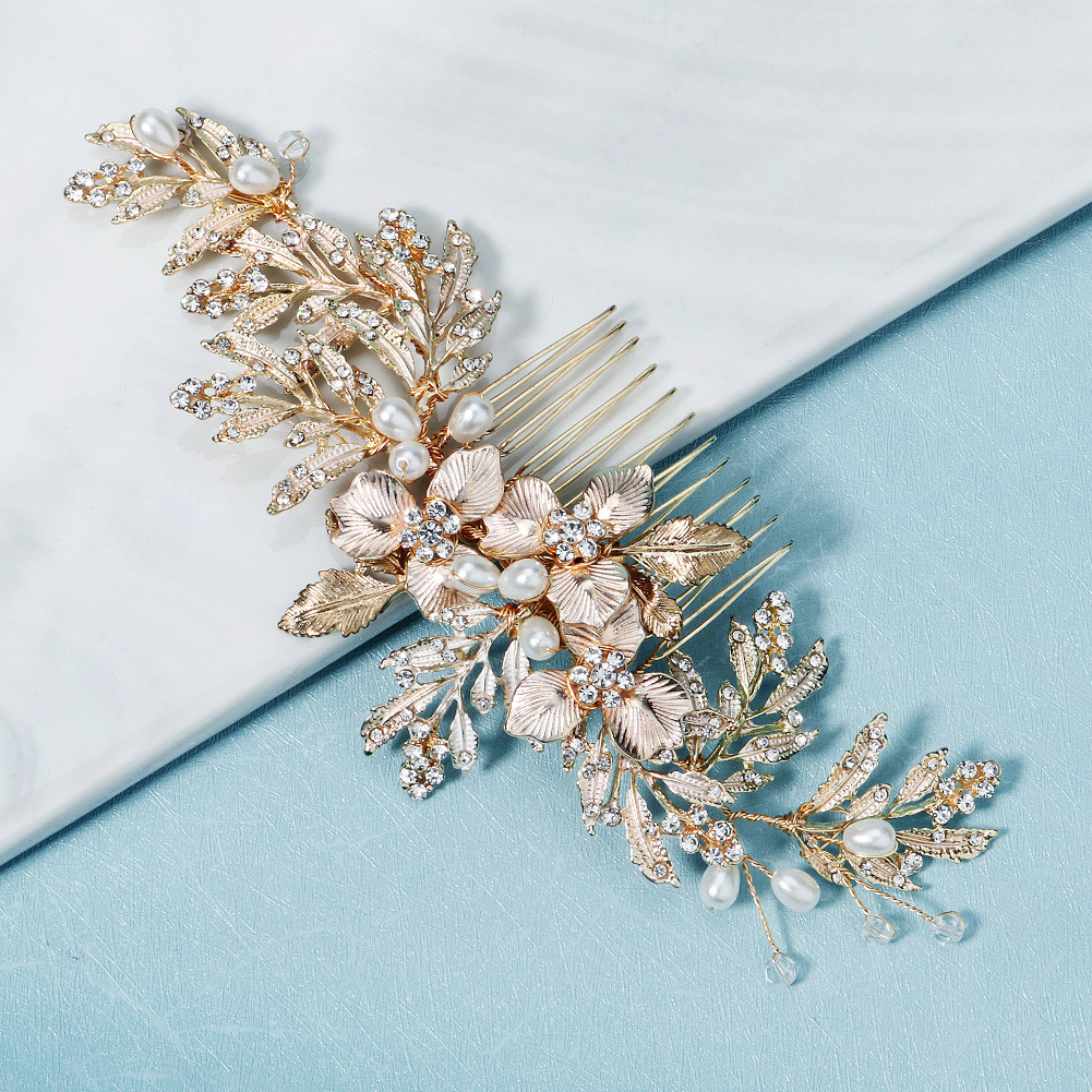 European and American wedding accessories, handcrafted pearl hair combs, flower and leaf hair ornaments, wedding gowns, evening gowns, updo hair combs, bridal flower and straw headwear Specification drawing
