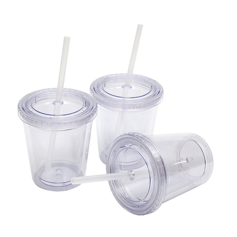 Factory stock, cross-border direct supply 12OZ double-layer plastic cups with LIDS, LOGO available upon request, portable cups, 350ml straw cups Application Scenario