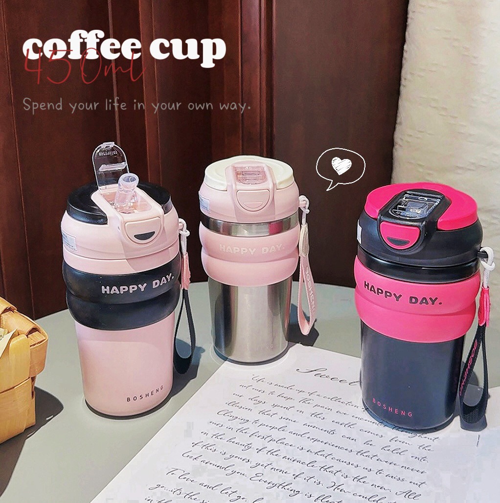 New girls' Blue Mountain coffee cup, simple and popular thermos cup, double-drinking with straw, fashionable water cup gift for men and women full figure