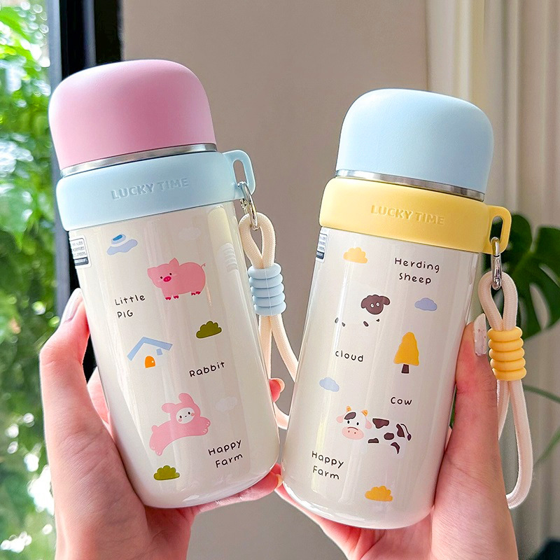 A dual-purpose cartoon insulated cup with a lid, cute for girls, a drawstring water cup, portable for students, and a stainless steel cup with a high level of appearance full figure