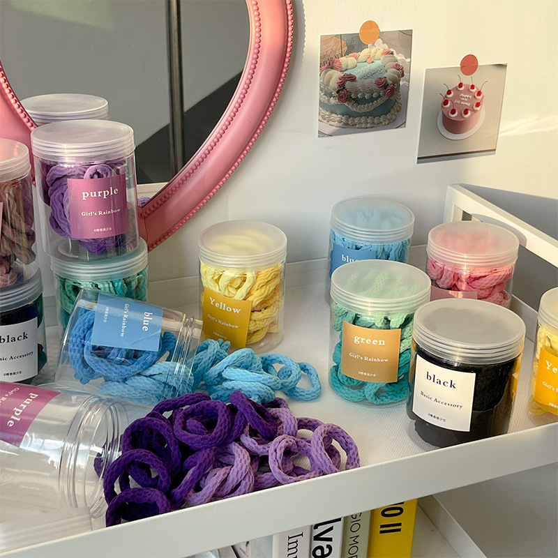 Korean-style canned girl's gradient color towel hair band, high-elasticity seamless hair tie, candy-colored leather band hair accessory Application Scenario