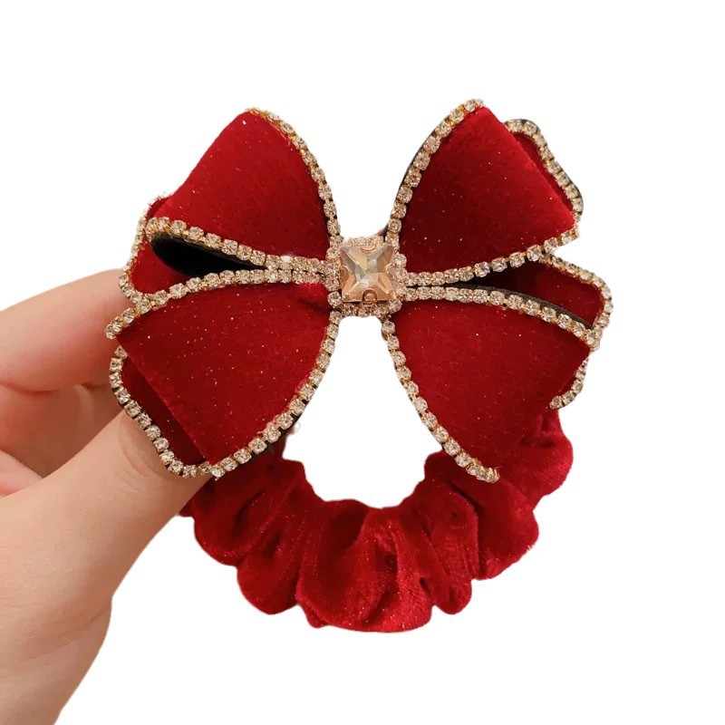 Children's bow hair tie, red velvet rhinestone hair band, girls' New Year hair tie, hair accessories, girls' New Year headwear Item Picture