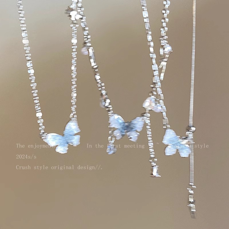 Ice crystal gradient pearl butterfly tassel necklace, a summer bestseller for women, with a high-end collarbone chain and a sweet and cool style neckchain accessory details Picture