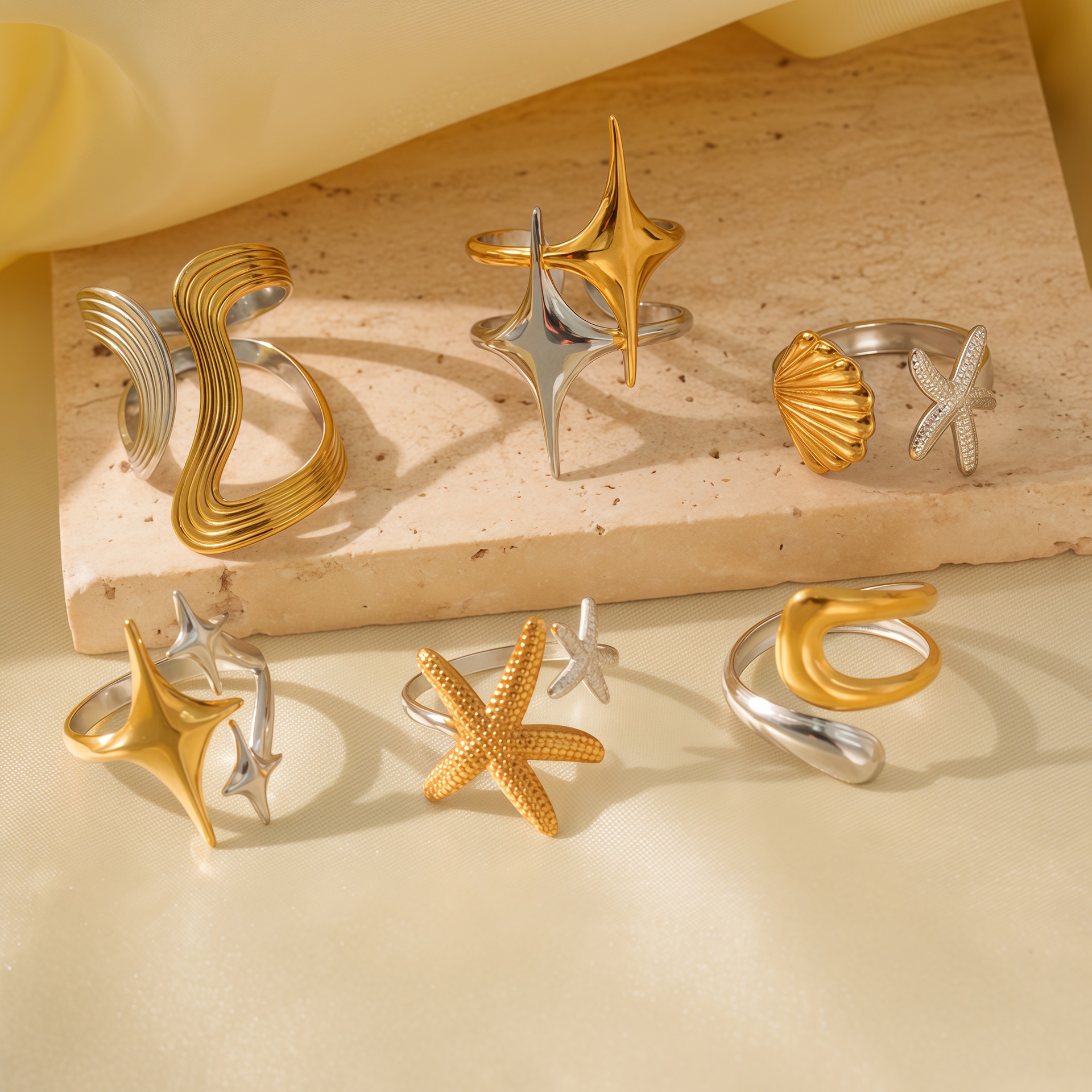 European and American style 18K real gold ring, simple and fashionable color contrast, irregular line open ring, cross-border jewelry details Picture