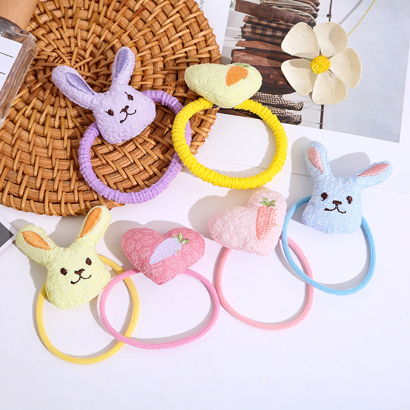 Two cute children's colorful cartoon rabbit hair bands are soft and won't damage hair. Girls can tie their hair in a ponytail in autumn and winter full figure