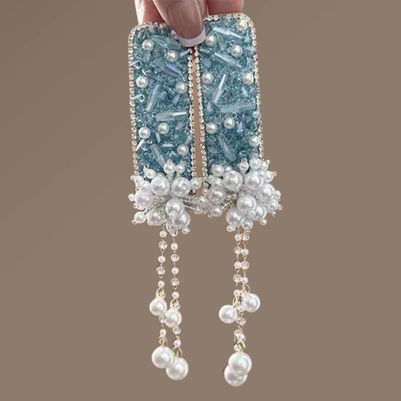 Cool blue diamond hair clips, exquisite and light luxury pearl tassel BB clips, high-end forehead bangs clips, headwear for women details Picture