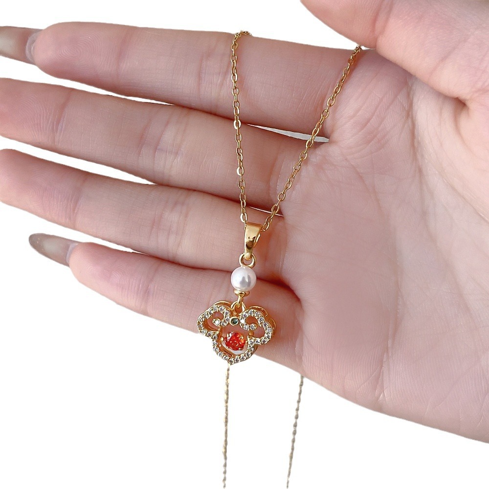 A genuine gold electroplated colorful auspicious cloud pearl peace pendant, titanium steel necklace, a woman's full diamond light luxury and high-end collarbone chain Item Picture