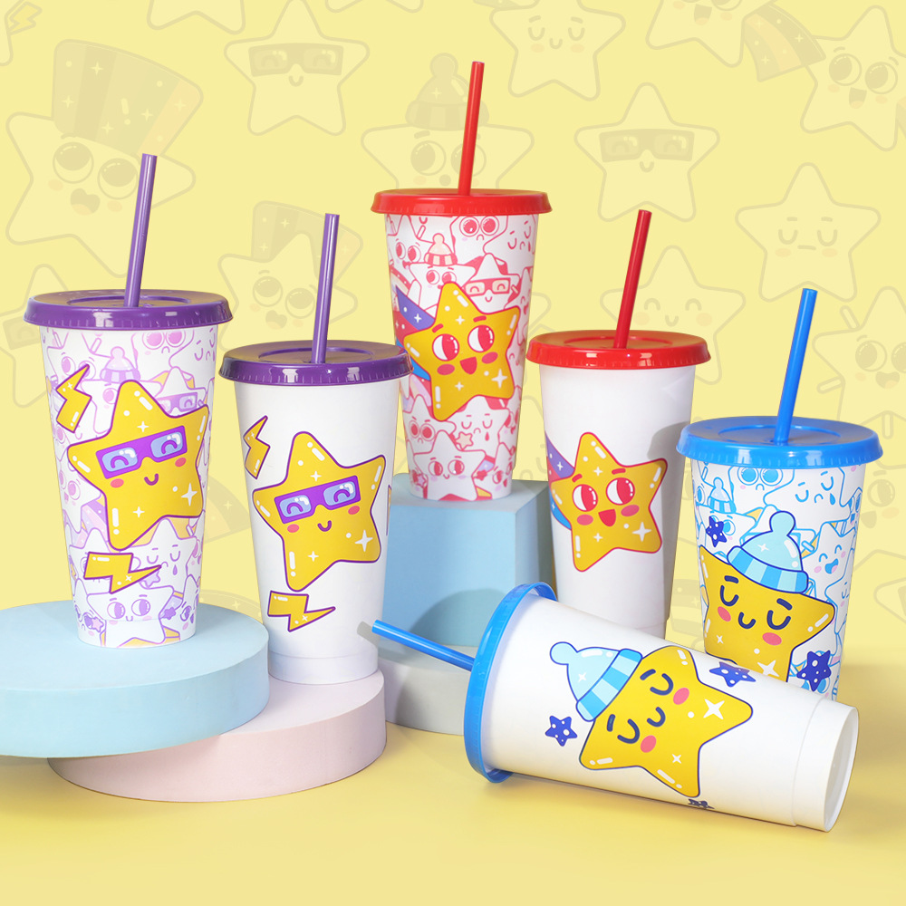 Factory stock: pp plastic with straw, cold-changing star cup, cartoon creative three-piece set, color-changing plastic water cup Specification drawing