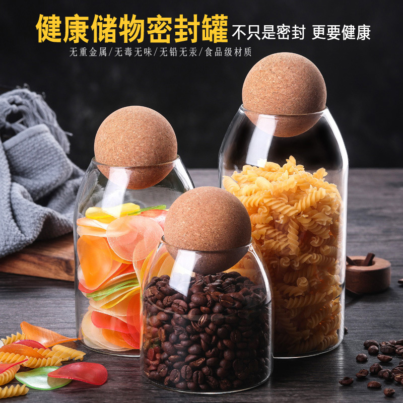 Cork ball stopper storage tank, glass sealed tank, storage tank for grains and cereals, cork stopper tea tank manufacturer full figure