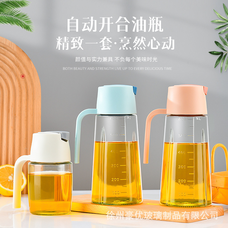 630ml automatic opening and closing oil bottle, household kitchen soy sauce and vinegar bottle, glass seasoning bottle, oil bottle wholesale available with printing Specification drawing