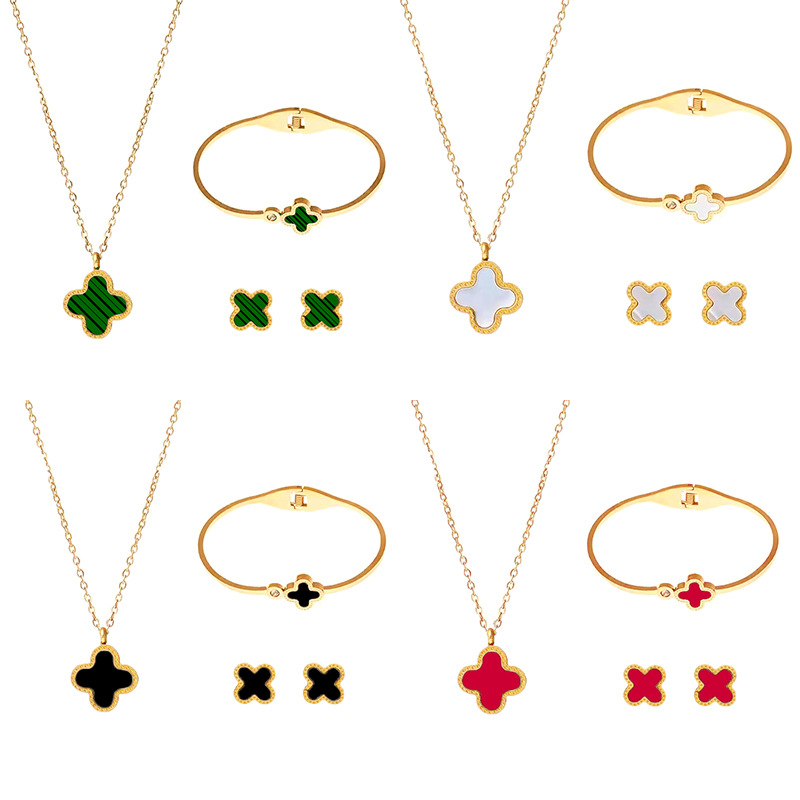 Non-fading titanium steel four-leaf clover series set necklace, women's fashionable and light luxury stud bracelet, Internet bestseller accessories details Picture