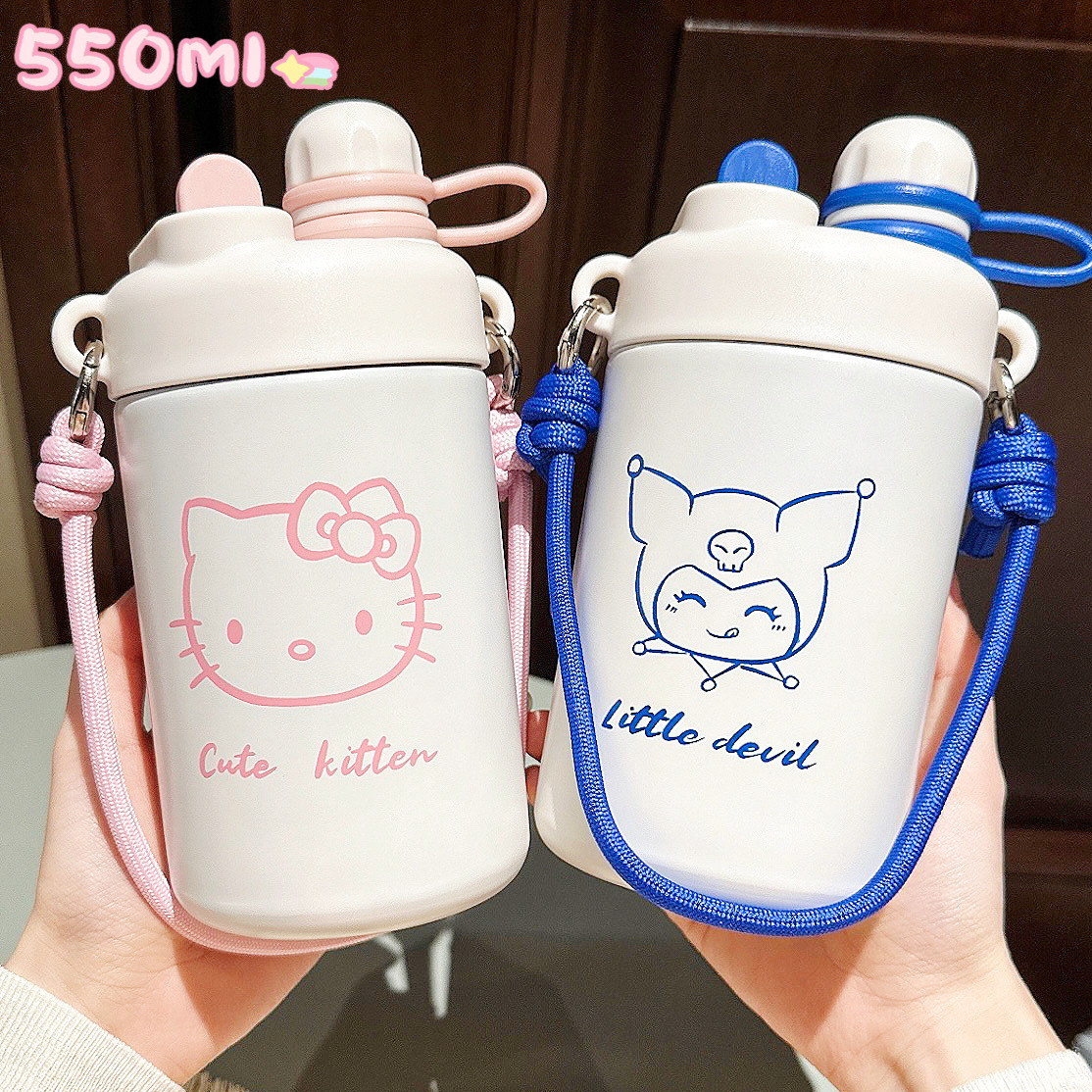 Simple cartoon insulated cup, creative and cute student double-drinking straw cup, portable hand-held stainless steel cup for girls Specification drawing