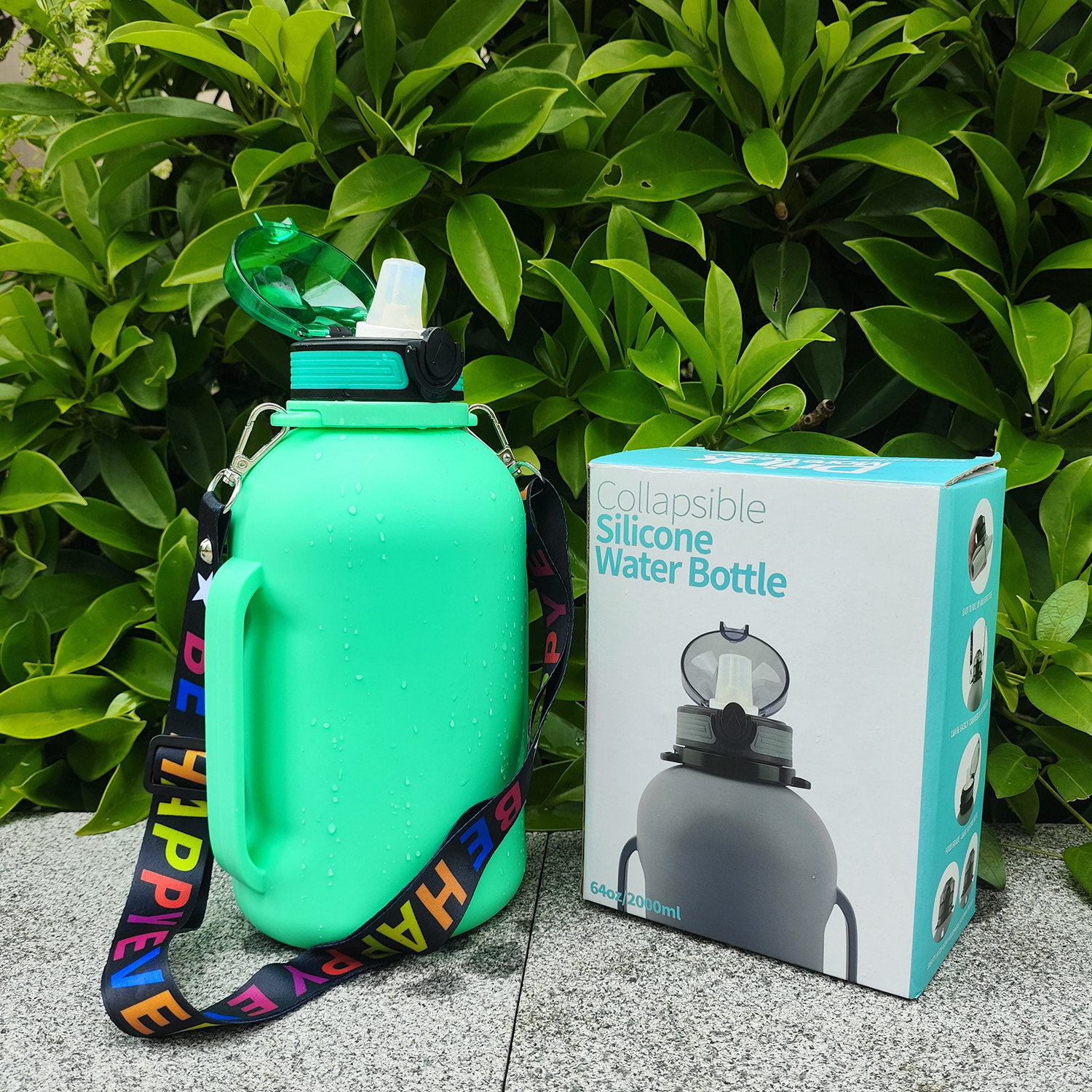 Portable half-gallon 2L large-capacity outdoor sports non-toxic silicone foldable spout water bottle with shoulder Specification drawing