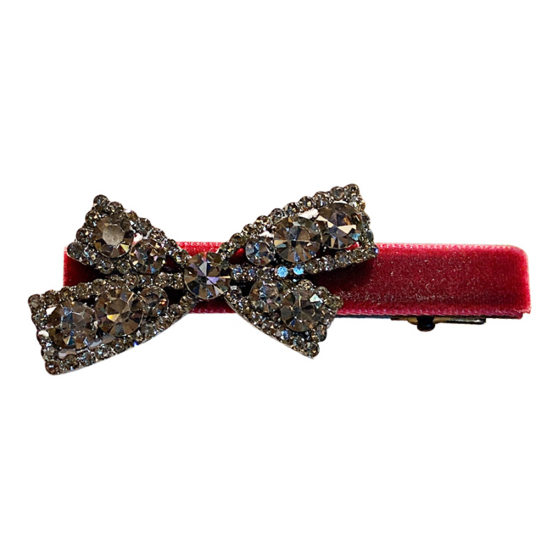 High-end, light luxury wine red velvet bow, grey rhinestone duckbill clip, sweet and elegant hair clip, side clip, bangs clip Item Picture