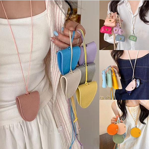 Spring color Palette ~ Dopamine-colored leather loose change bag necklace, women's long neck-hanging mini storage accessory full figure