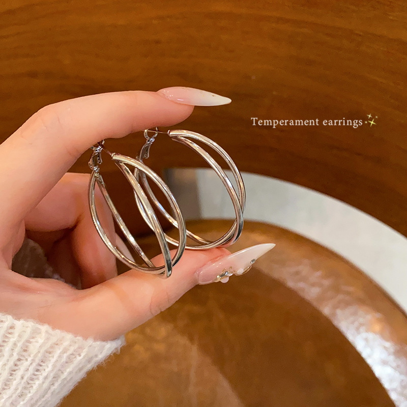 High-end exaggerated double-layer large ring earrings, women's light luxury high-end fashion plain ring earrings, unique and individual stud earrings full figure