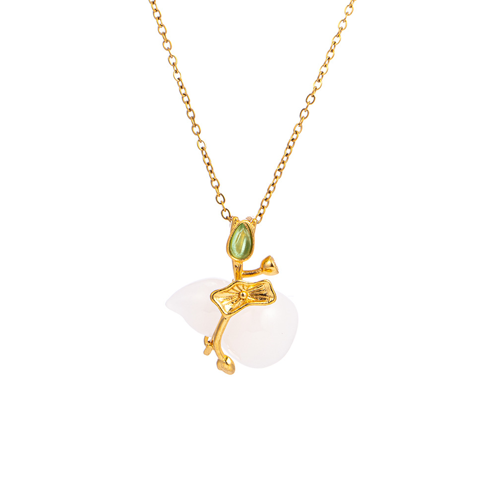 Fashionable and simple white jade gourd pendant titanium steel necklace, women's summer light luxury high-end collarbone chain temperament accessory Item Picture