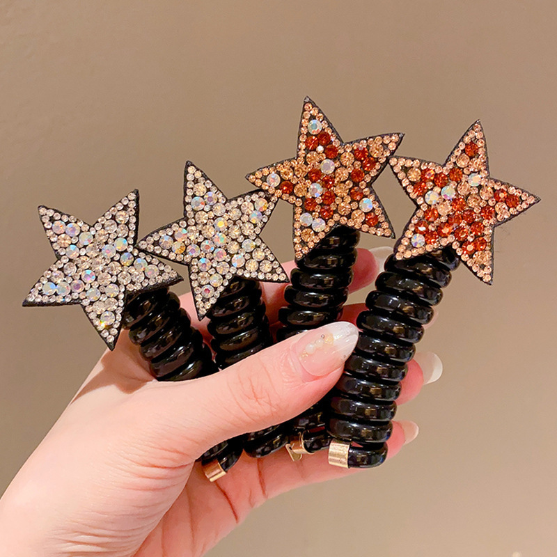 New children's color diamond five-pointed star telephone line hair tie, girls' hair tie, high elasticity hair band, water diamond star hair accessory Specification drawing