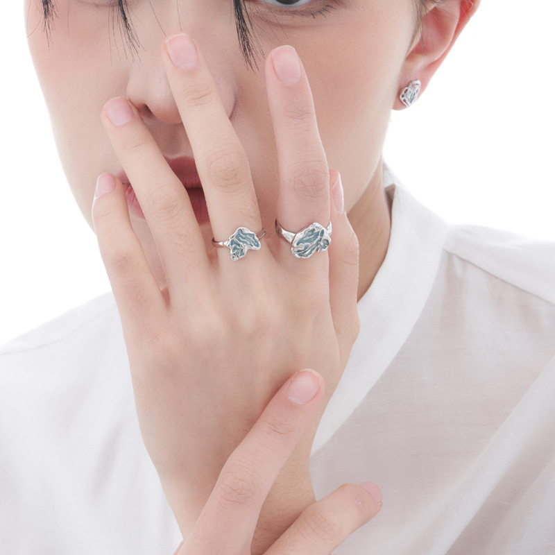 Irregular-textured pleated heart-shaped sea blue glazed open ring for women, a niche design with a cold and simple style details Picture