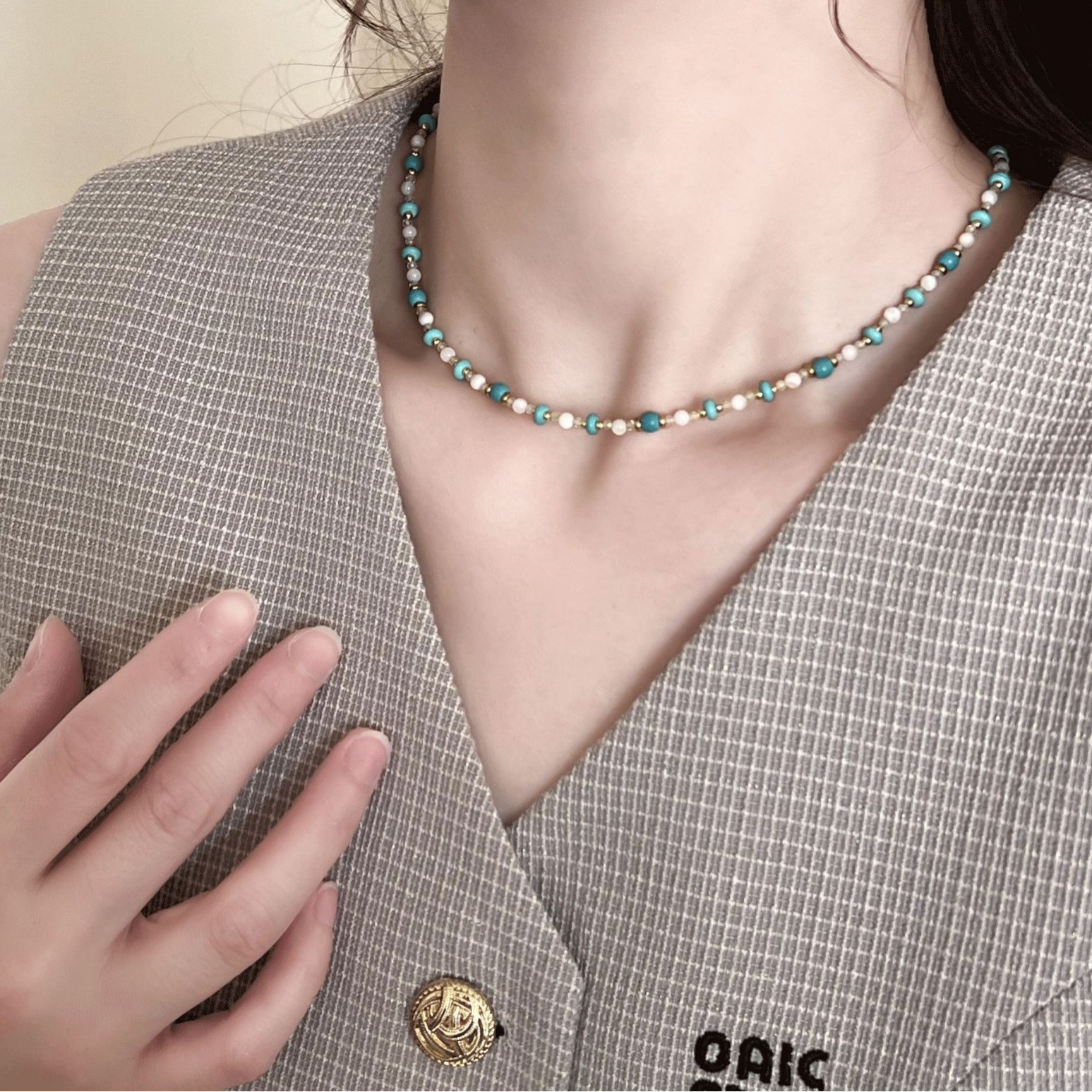 New Chinese-style turquoise pearl necklace for women, a fresh and light summer color luxury dopamine beaded collarbone chain details Picture