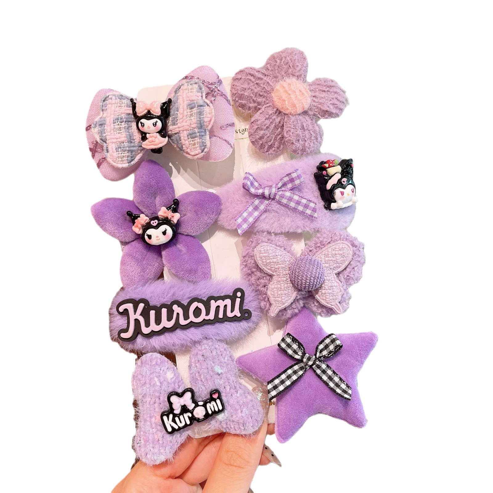 Kuromi cartoon hairpin for girls in autumn and winter, plush fringe side clip, children's hair accessory, baby strawberry bear headwear Item Picture