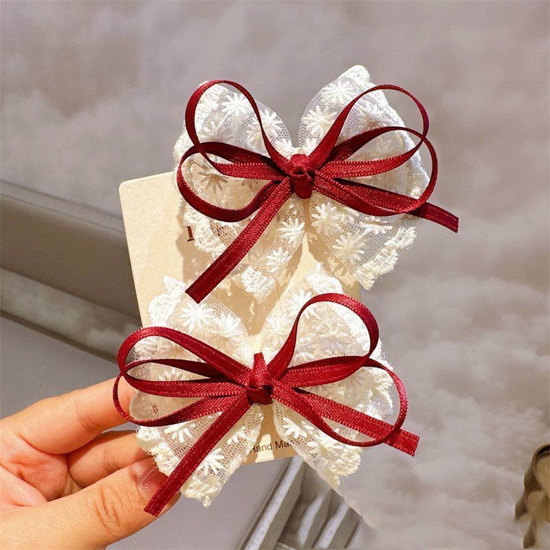 New French lace fabric lace bow hair clips, handcrafted broken hair clips, girlish side bangs hair clips details Picture