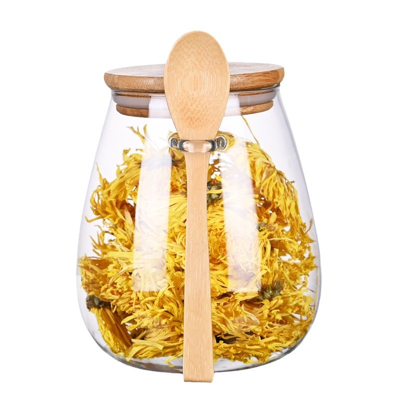 Glass tea canister with spoon flower tea canister, household small tea canister for tea storage, sealed tea canister for grains and cereals Item Picture