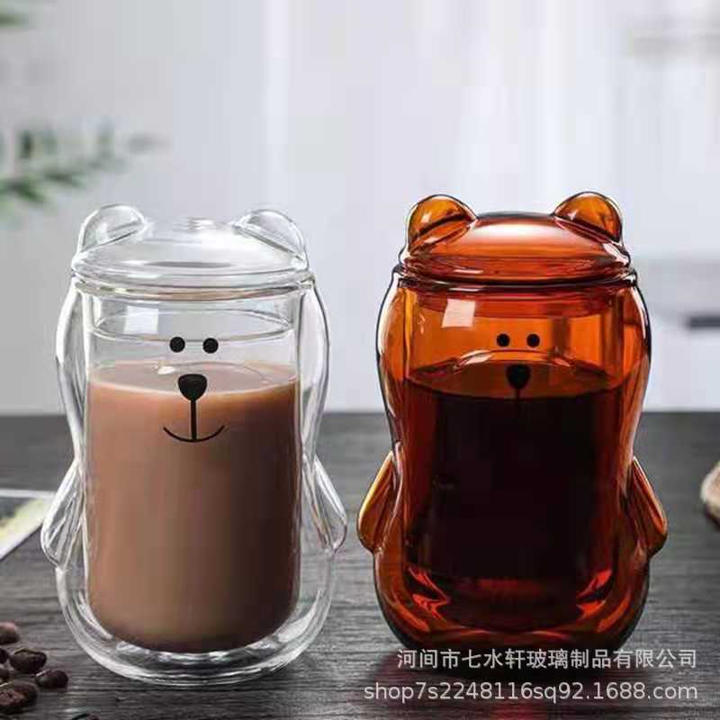 New double-layer covered creative cartoon bear cup, breakfast cup, coffee cup, water cup, double-layer cup, double-layer insulated cup full figure