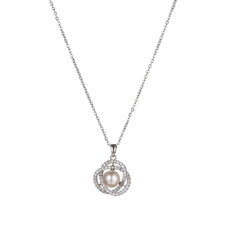 High-end pearl necklace for women, simple and versatile titanium steel collarbone chain, niche light luxury style, popular camellia pendant accessory Item Picture