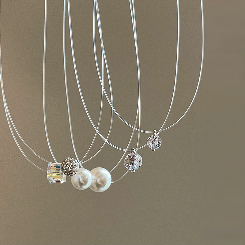 Fishline zircon pearl laser ball pendant necklace, a minimalist style for women, versatile and fashionable neckchain, collarbone chain details Picture