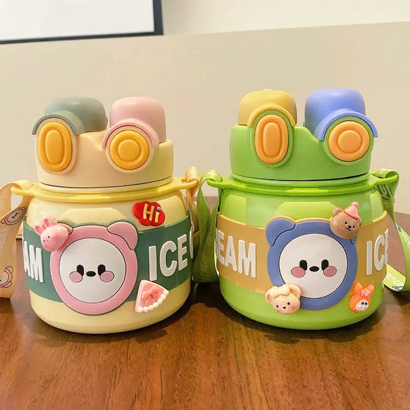Cartoon children's water cup, high appearance level, cartoon double-drinking straw cup, creative portable large-capacity stainless steel insulated cup details Picture