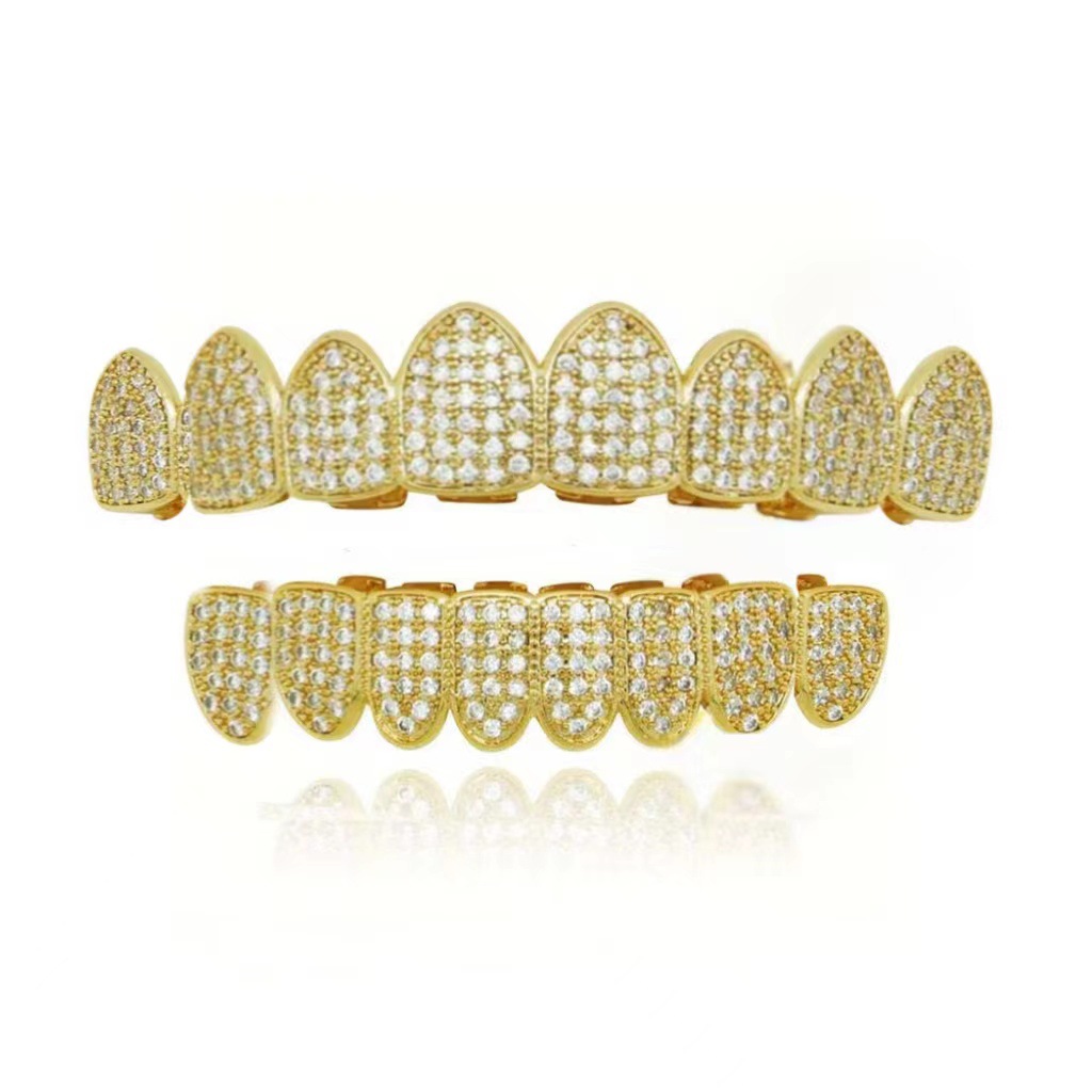 Cross-border new hip-hop eight-tooth real gold braces, copper zircon micro-inlaid real gold Halloween exaggerated hiphopgrillz Item Picture