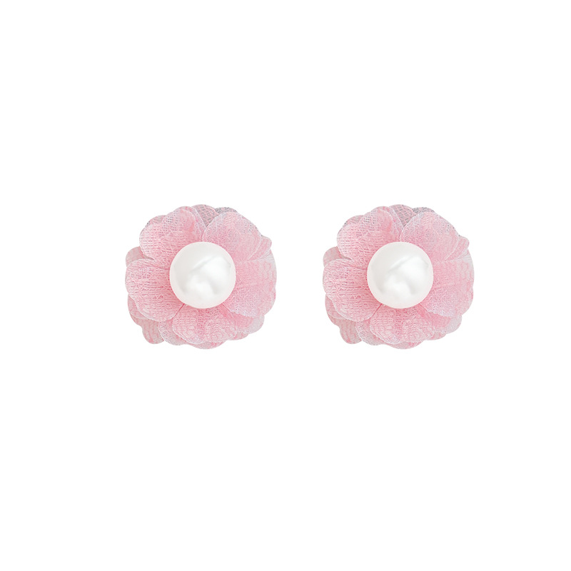 Atmospheric white chiffon flower earrings, sweet and retro floral stud earrings, 2025 new style bestseller, round face earrings Item Picture