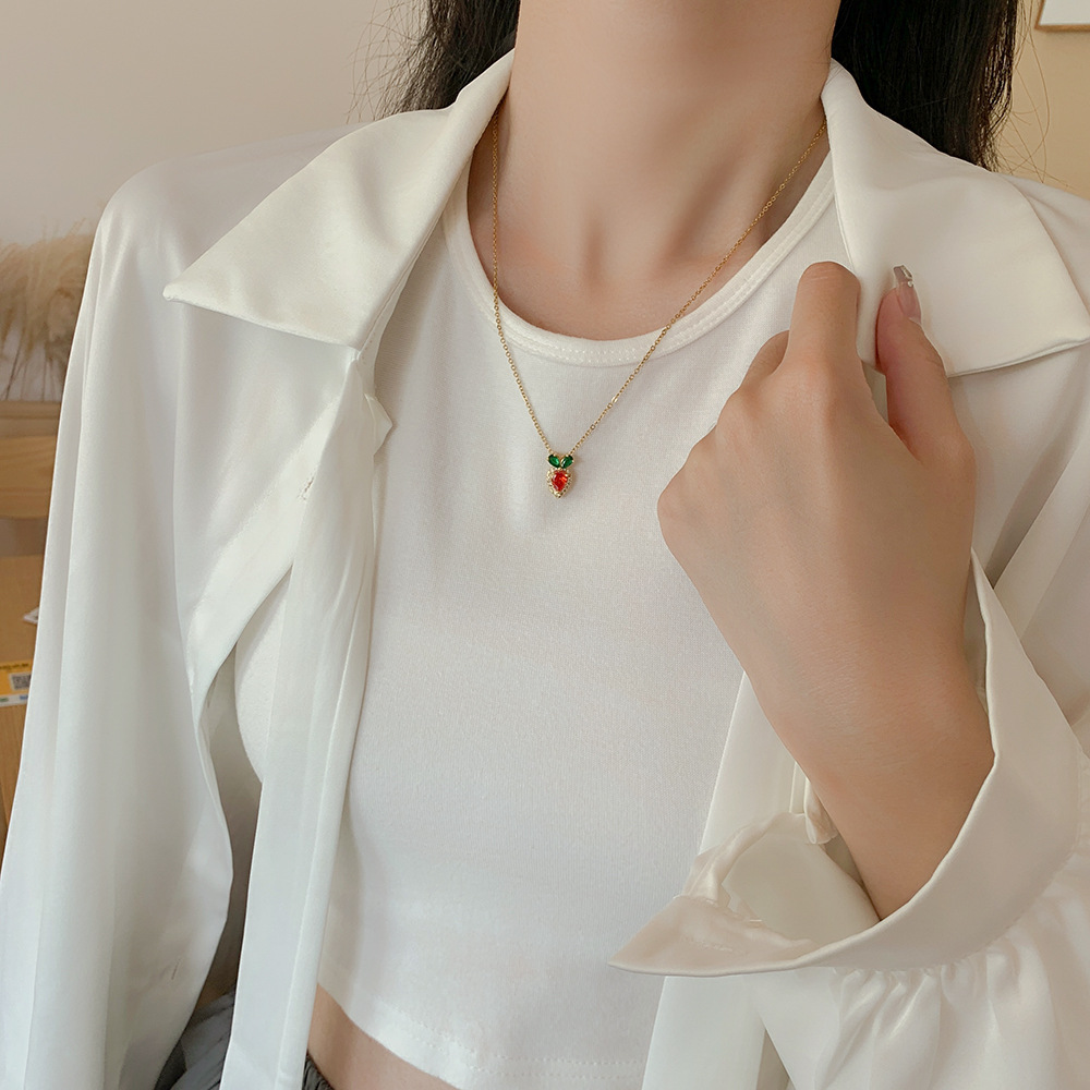 Korean InS-style cute little carrot pendant titanium steel necklace, women's colorful high-end exquisite zircon collarbone chain Application Scenario