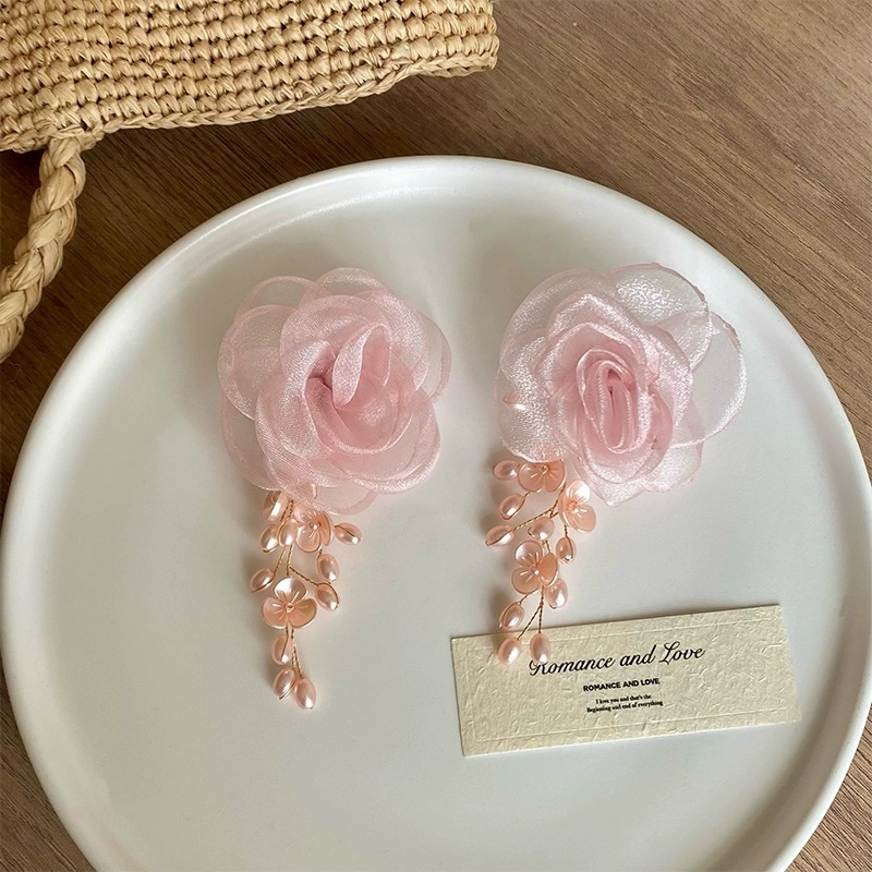 Sweet woven lace flower beaded tassel earrings for women, fashionable, elegant, vacation-style, high-quality and high-end earrings for women details Picture