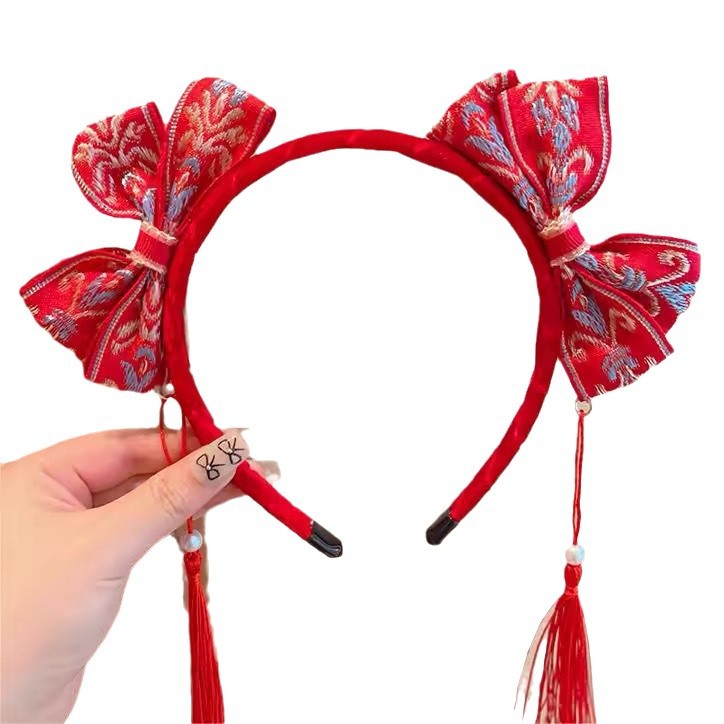 New Year's ancient-style tassels, Chinese-style red headwear, first birthday hair band, Tang suits, Hanfu accessories, baby bows, festive Item Picture