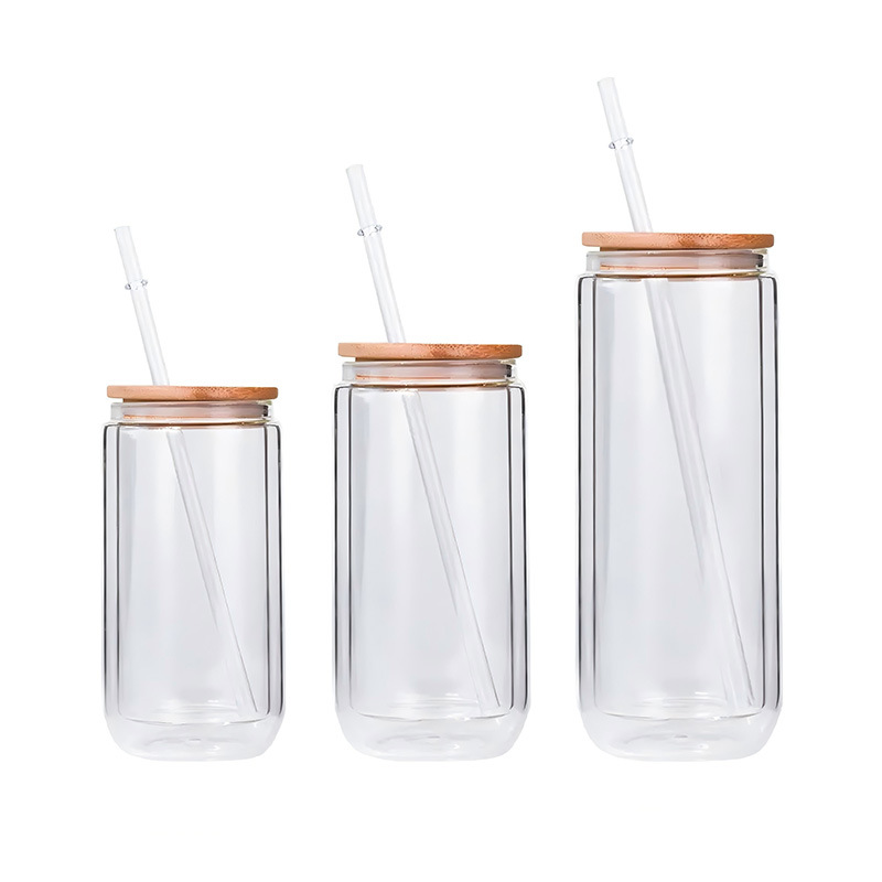 Customized double-layer glass Mason cups, DIY cross-border cold drink cola straw cups, high borosilicate glass water cups, heat-resistant Item Picture
