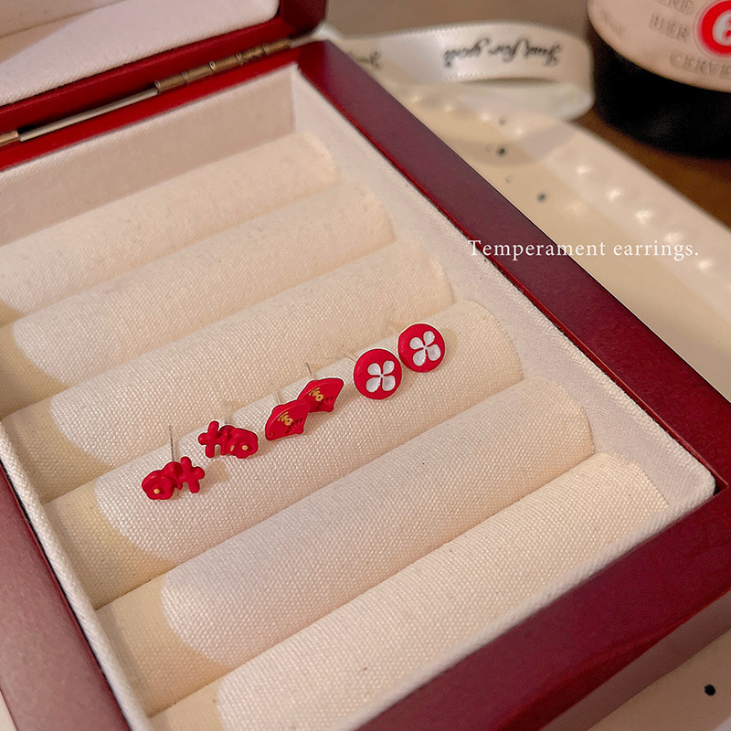 A festive red flower six-piece set of ear studs for women, new 2024 style, versatile, niche design, simple and elegant earrings wholesale Specification drawing