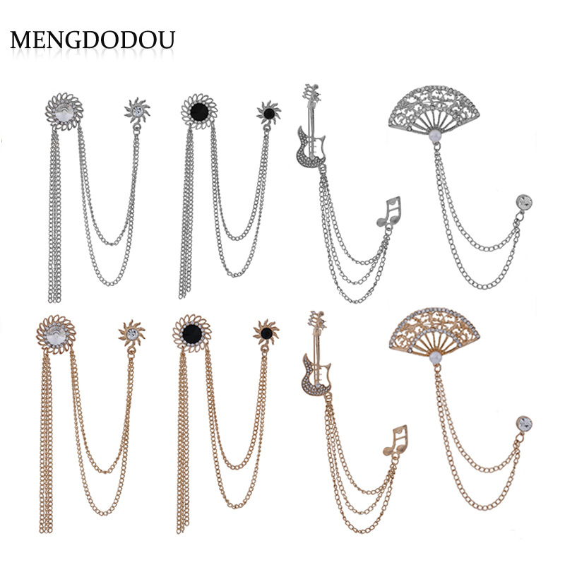 Men's suit accessories: Guitar note brooch, Chinese-style fan, hollowed-out double-tassel chain, diamond-encrusted brooch full figure
