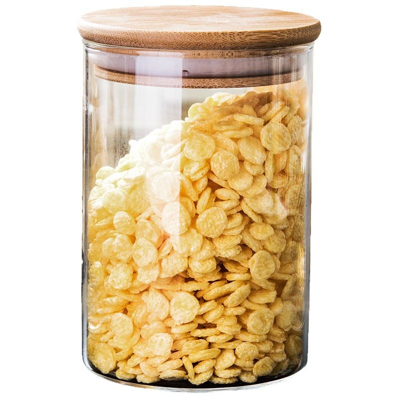 Bamboo and wood lid heat-resistant glass storage jar, sealed jar, storage bottle, seasoning jar, tea jar, dried fruit jar, storage bottle Item Picture