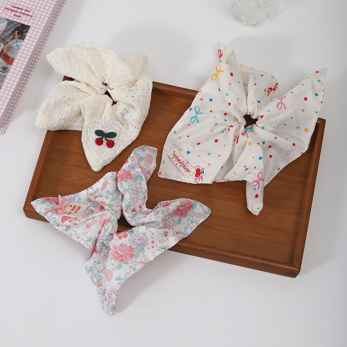 Children's bow, square scarf, large intestine hair band, girls' hair tie, hair flower, 2025 new style ponytail hair tie, princess headwear details Picture