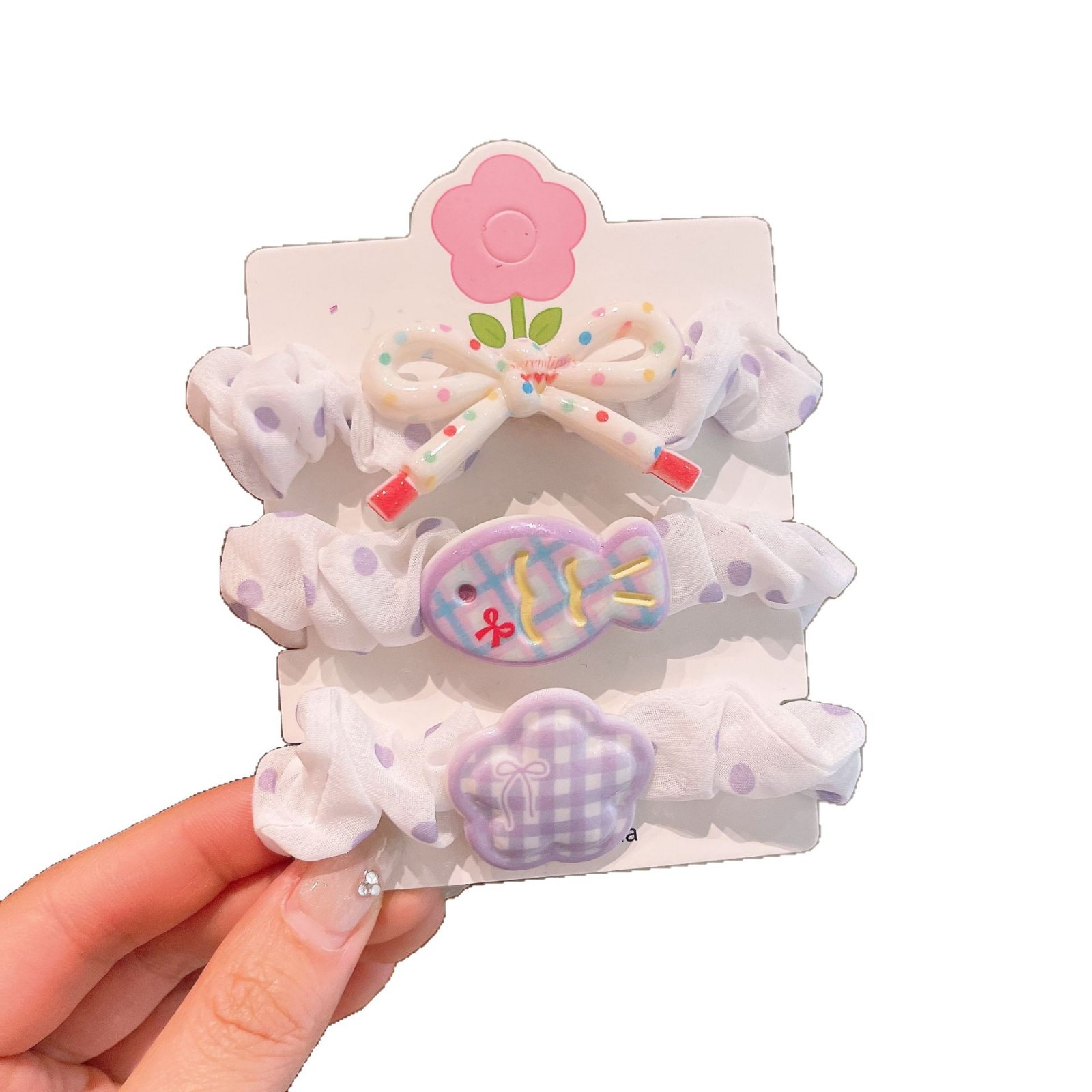 The new three-piece cartoon flower print small intestine hair band is cute and the cream-colored hair rope is sweet and fresh Item Picture