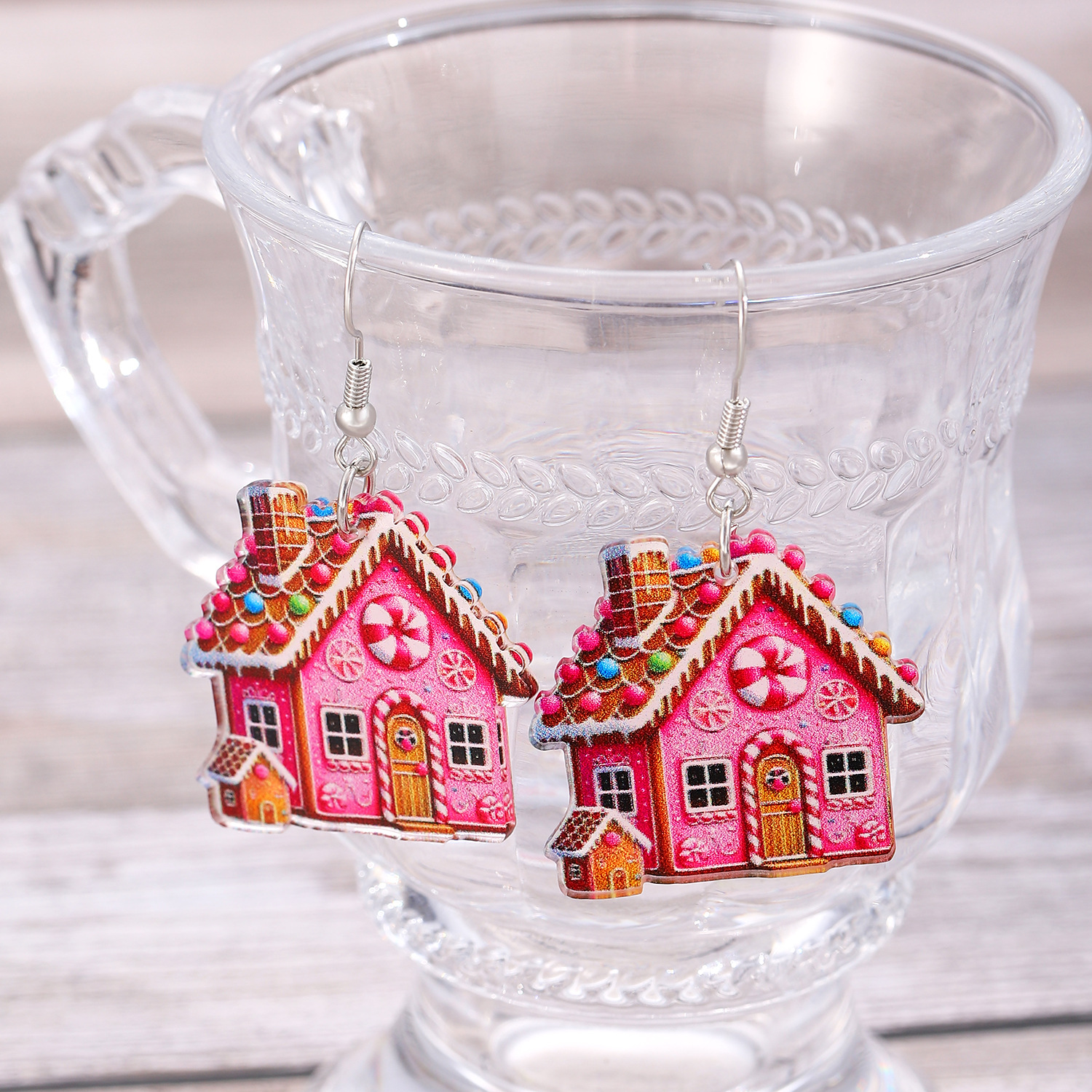 European and American cross-border pink gingerbread house flat earrings, Christmas cartoon personality acrylic earrings for women details Picture