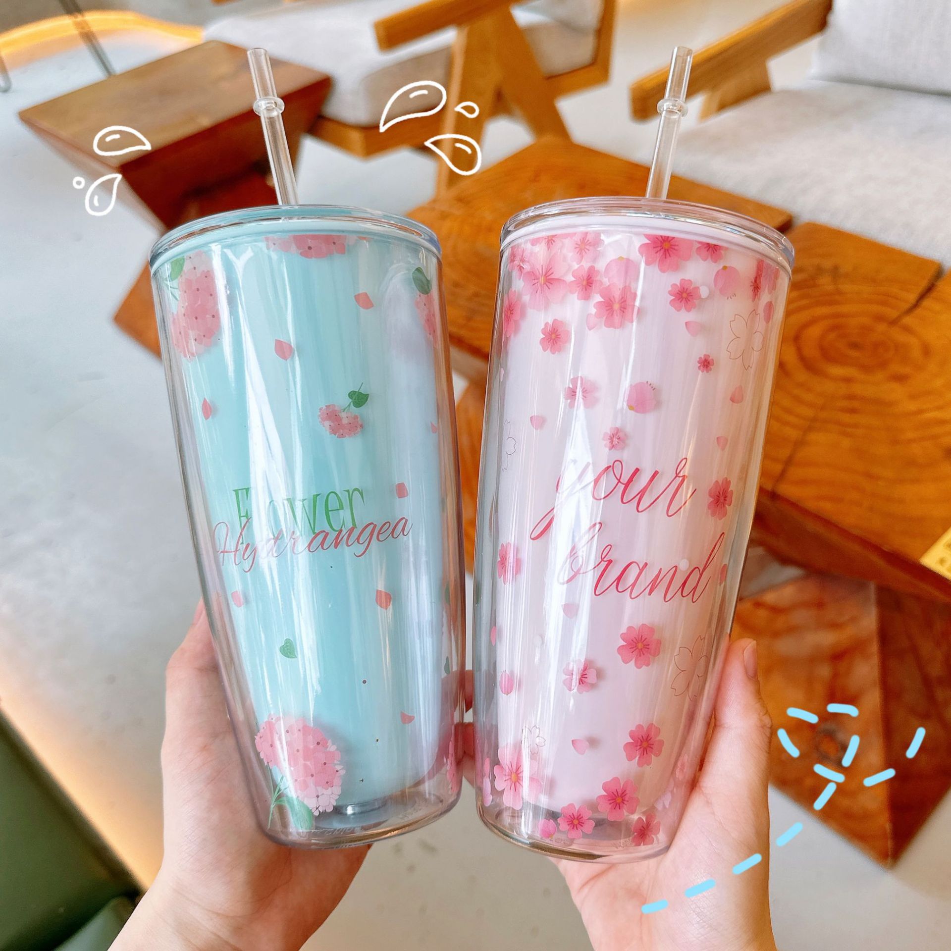 Cherry blossom straw cup, high appearance level for girls, double-layer anti-scald plastic cup, ins style office and home cross-border water cup wholesale full figure