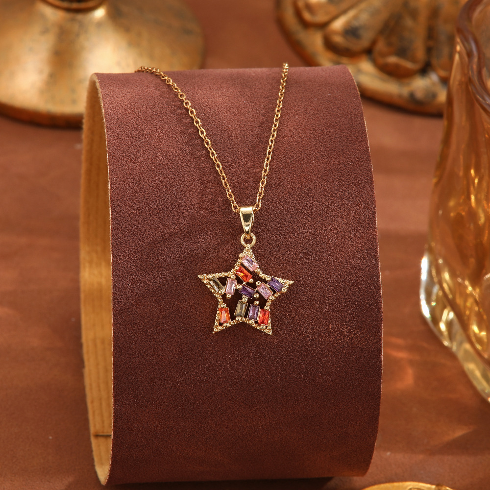 Cross-border European and American titanium steel necklace for women, light luxury and high-end feel, copper micro-inlaid colored zircon heart pendant collarbone chain accessory details Picture
