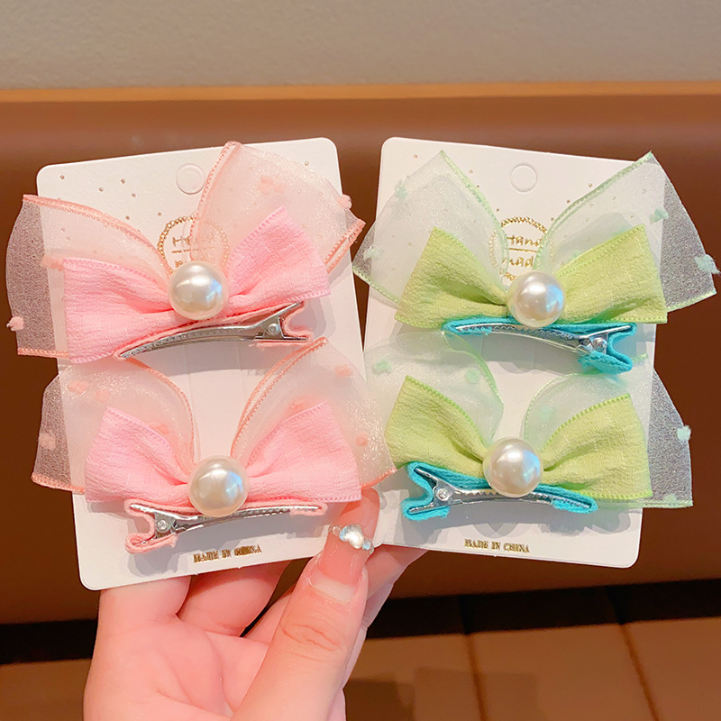 Korean-style pearl three-dimensional bow rabbit ear baby pair clip, fresh and cute bubble gauze children's hair clip, adorable headwear full figure