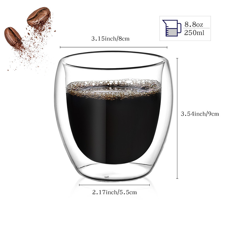 Double-layer insulated glass cups for home creative breakfast, milk and juice drink cups, high borosilicate glass coffee cups Specification drawing