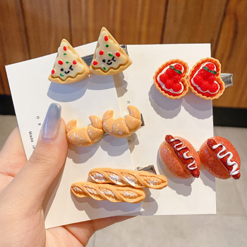 Funny food hair clips, hairpins, headwear, cute duckbill clips, side bangs, pizza, hot dog bread, Internet celebrity hair clips Specification drawing